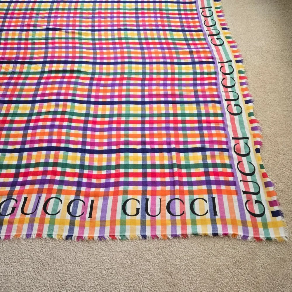 Gucci Multicolor Stripe Check Wool Shawl/Scarf - Picture 5 of 16